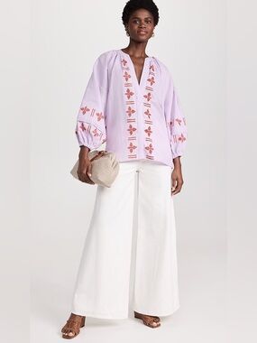 Culthera Day Magnolios Blouse M Lavender Floral Linen Blend Boho Puff Sleeve Top